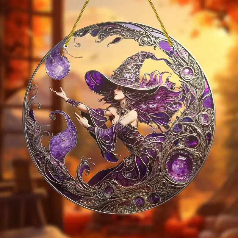 Halloween Charming Moonlight Witch Glass Window Hanging Sun Catcher