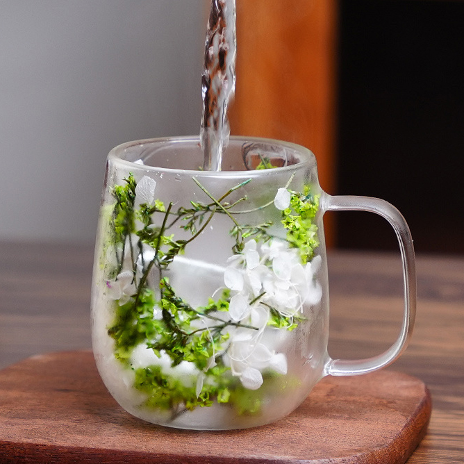 Handmade Dried Flowers Double Walled Crystal Coffee Mugs