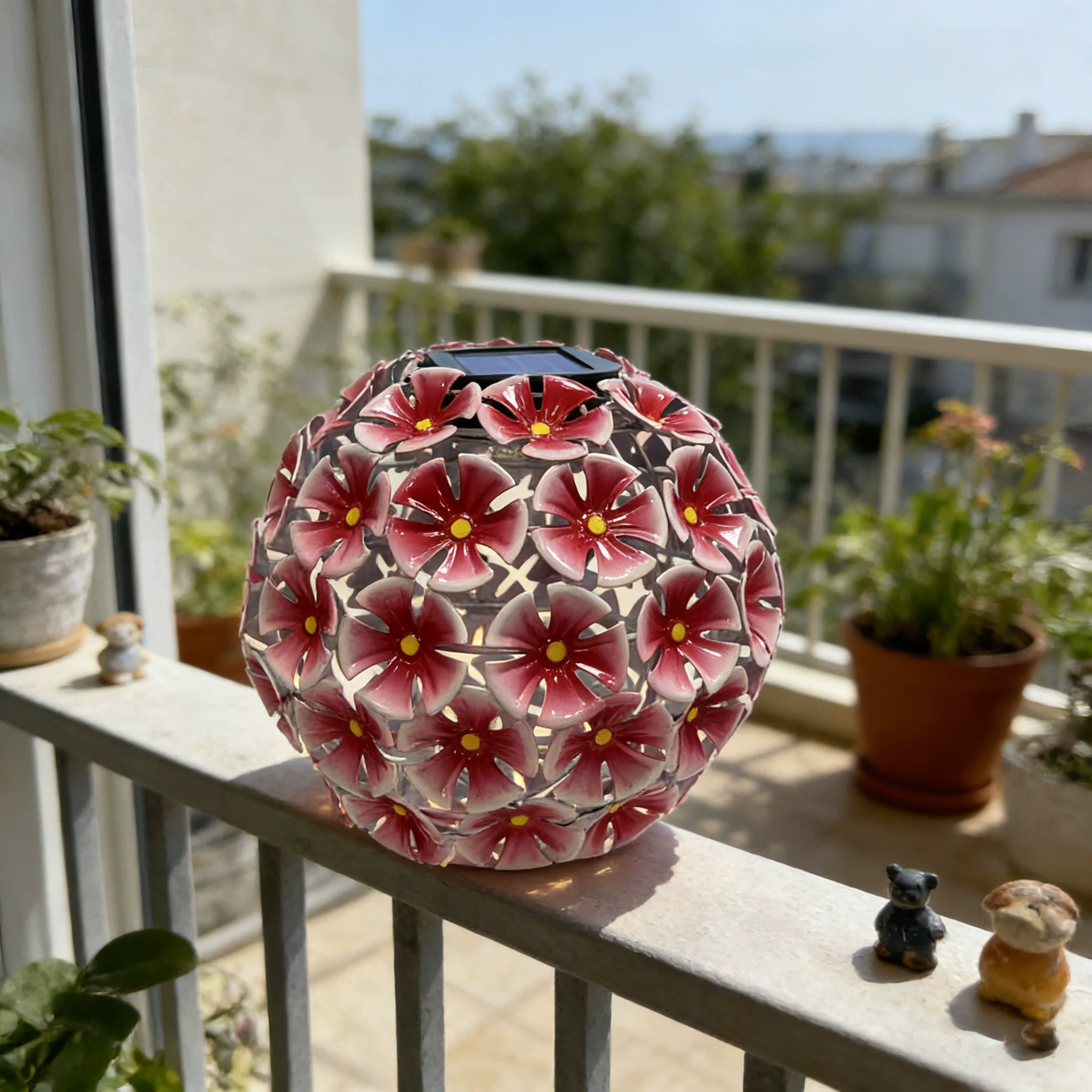 Solar Lantern Pink Metal Flower Ball Light