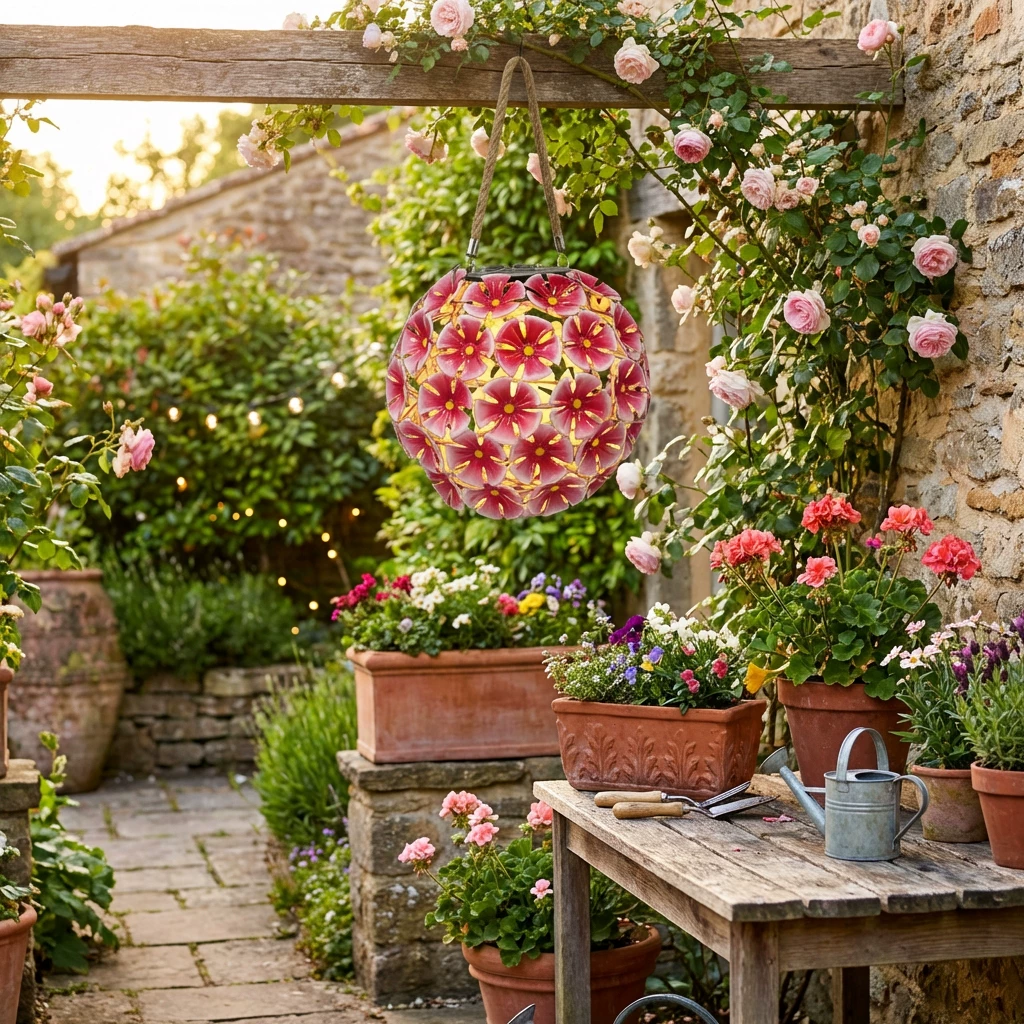 Solar Lantern Pink Metal Flower Ball Light