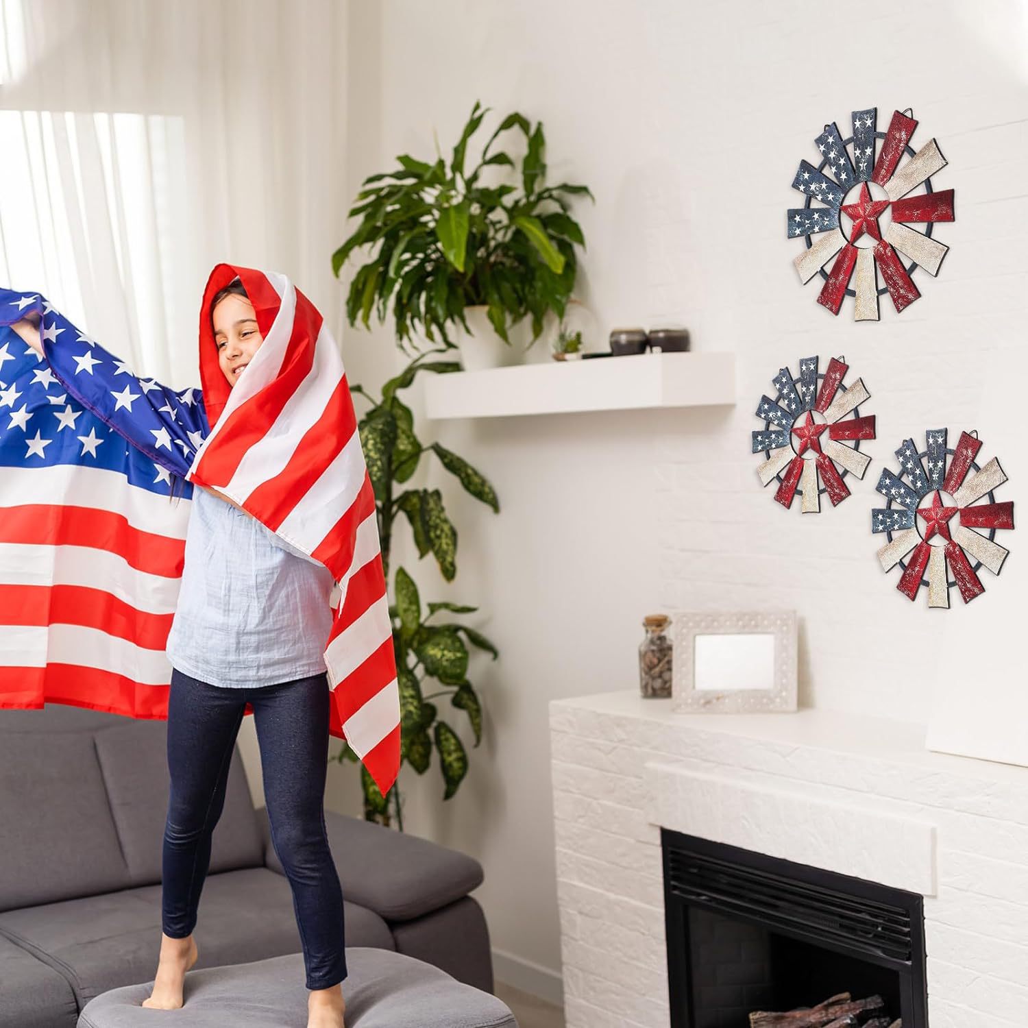 Vintage Flag Wooden Windmill Patriotic Wall Art