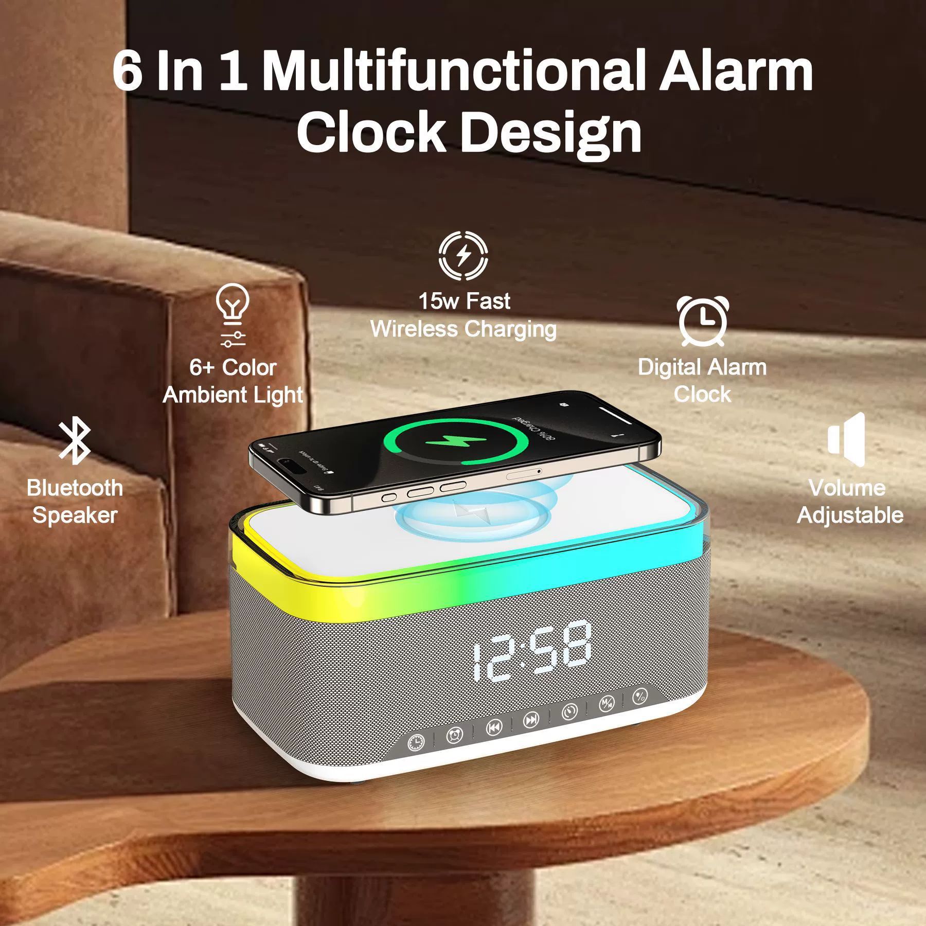 Multifunctional Portable Bluetooth Speaker with 15W Fast Wireless Charging