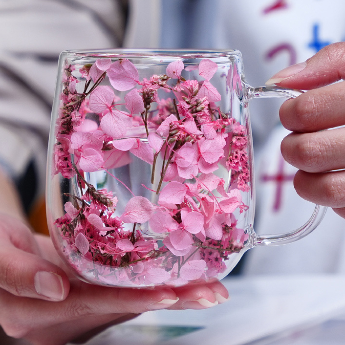 Handmade Dried Flowers Double Walled Crystal Coffee Mugs