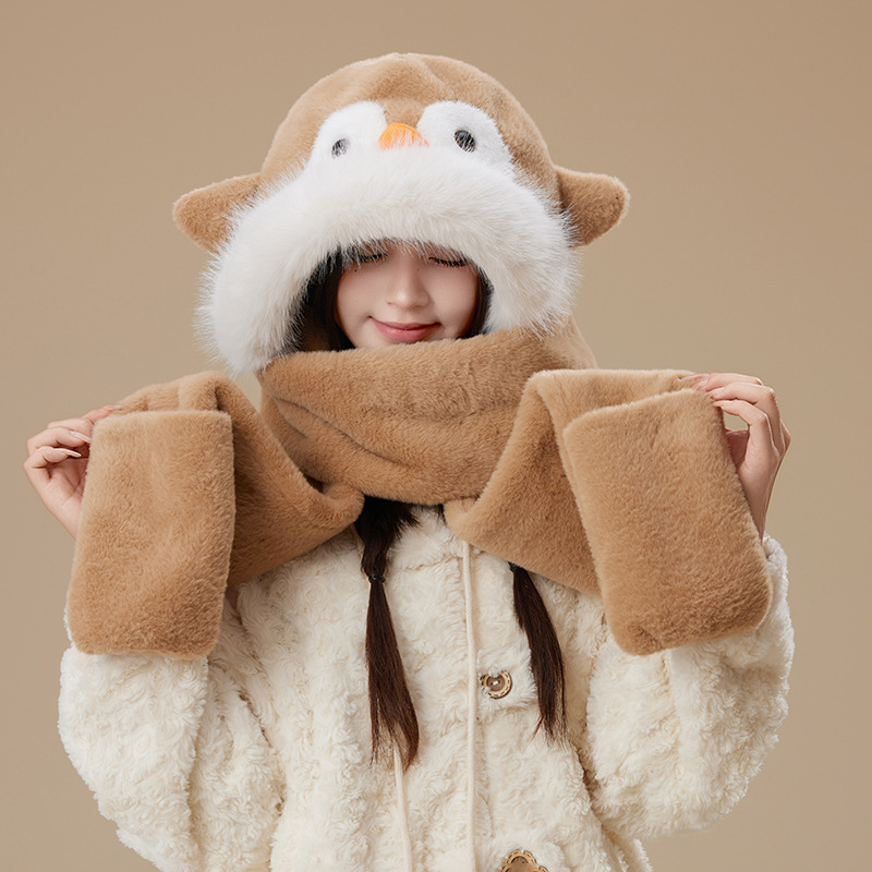 3-in-1 Plush Animal Hooded Scarf with Mittens