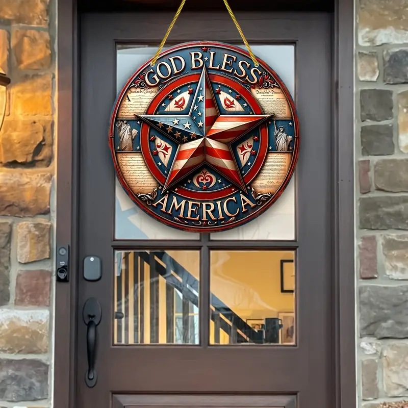 Liberty Circle Door Wreath –8” Patriotic Wooden Sign for 4th of July & Memorial Day