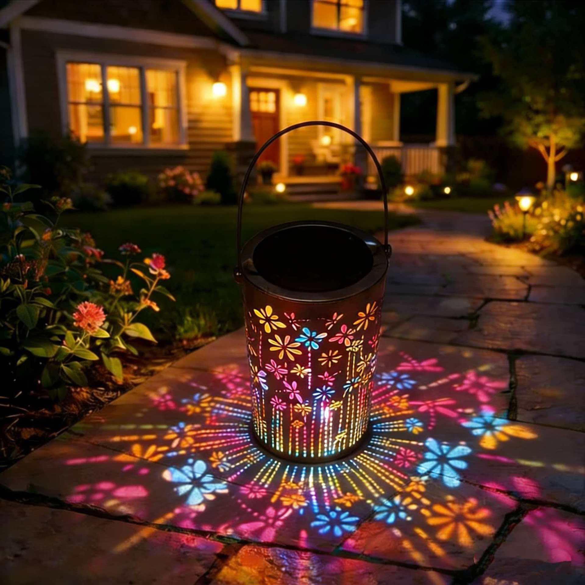 Solar-Powered Garden Light Bucket – Colorful Flower Projection for Outdoor Ambiance