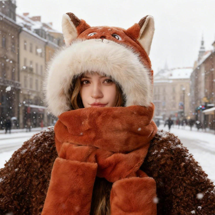 3-in-1 Plush Animal Hooded Scarf with Mittens