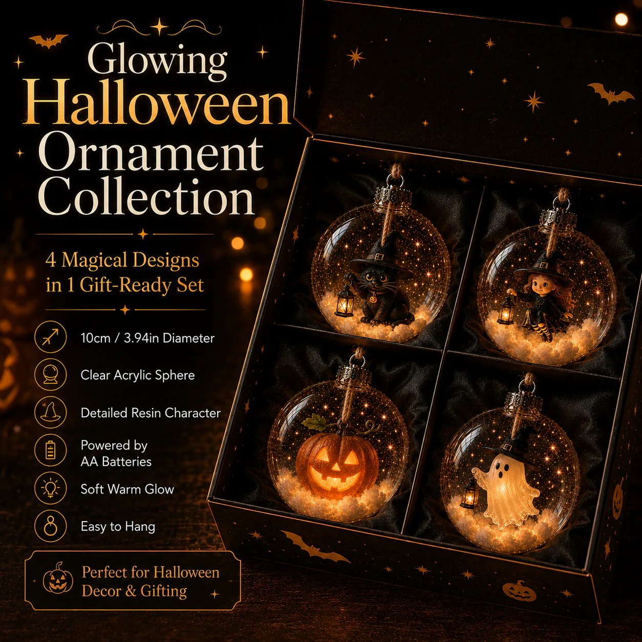 🎃 Halloween Glowing Mini Ornament Collection – Cat / Witch / Pumpkin / Ghost Lighted Decor