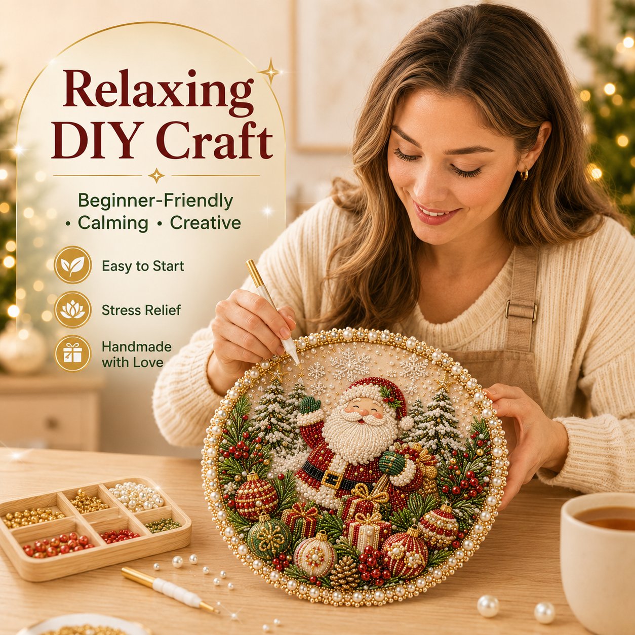 Beginner-friendly relaxing pearl art wreath crafting activity