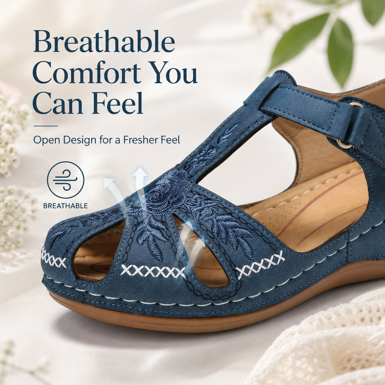 Women’s Embroidered Cutout Walking Shoes – Comfy Non-Slip Everyday Mary Jane Sandals