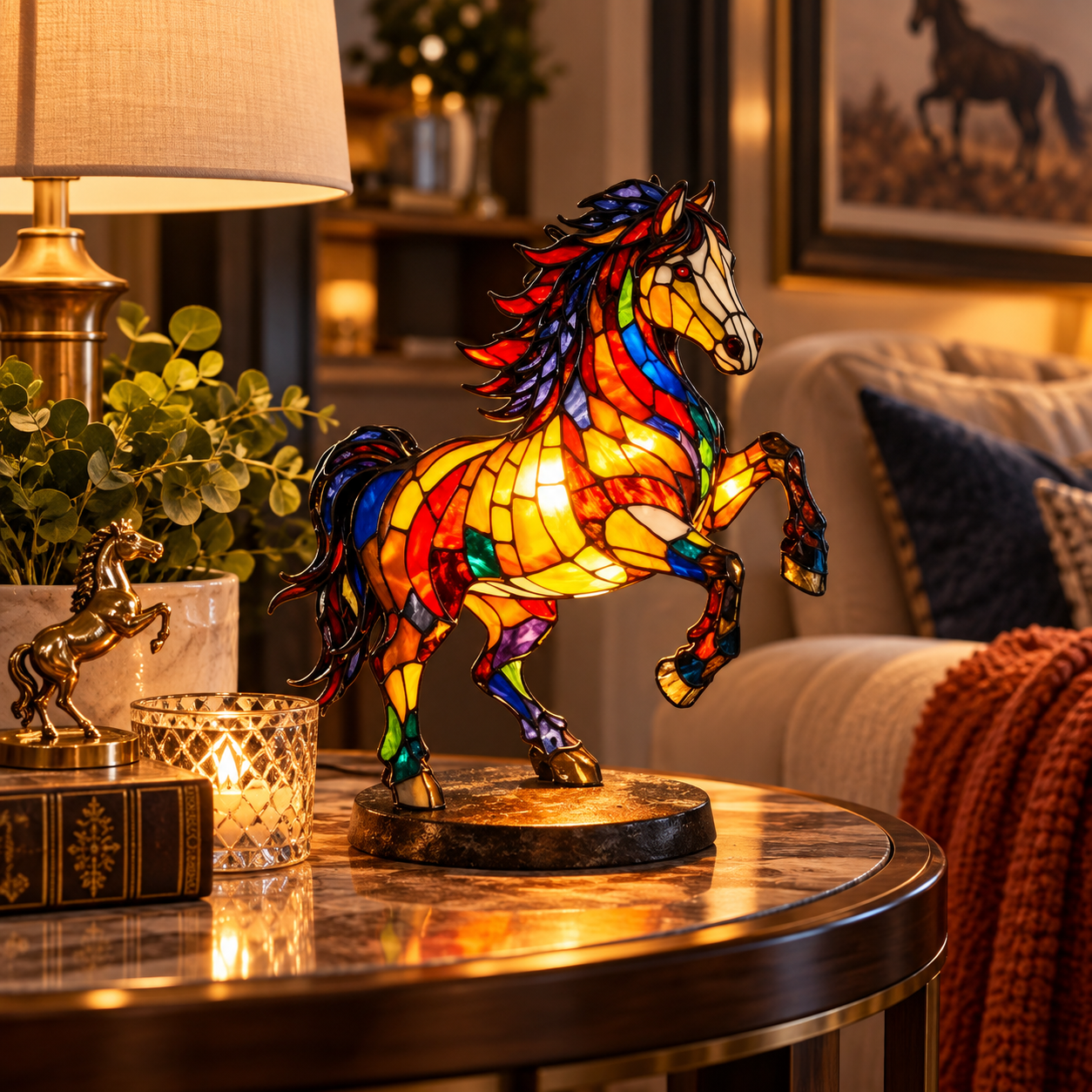 🐎 Stained Glass Style Rearing Horse Lamp – Colorful 3D Horse Accent Light