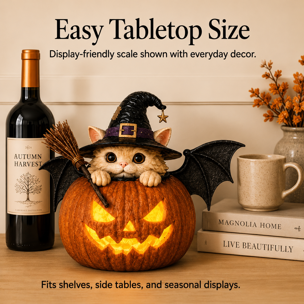 Cute Spooky Lighted Witch Cat Pumpkin Decor