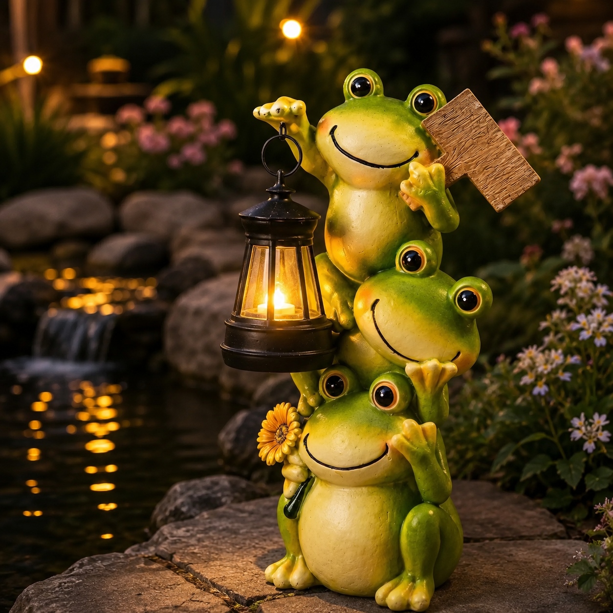 Stacked Frogs Solar Garden Statue with Lantern Light