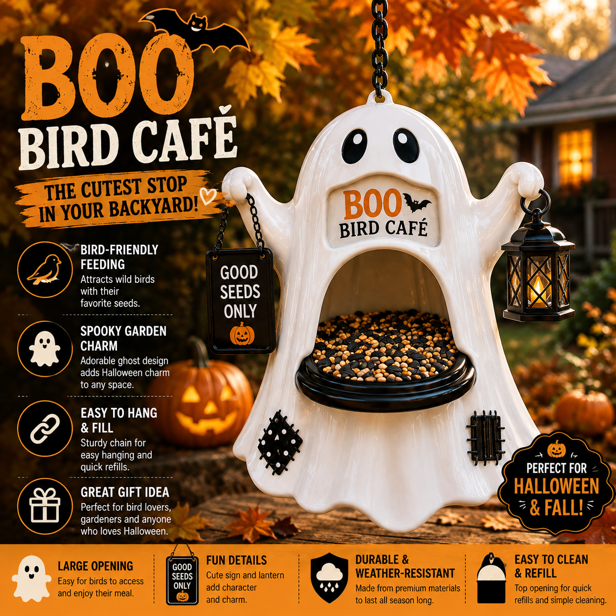 🎁Last Day 49% OFF - 👻 Boo Bird Café – Halloween Ghost Bird Feeder With Lantern 🎃