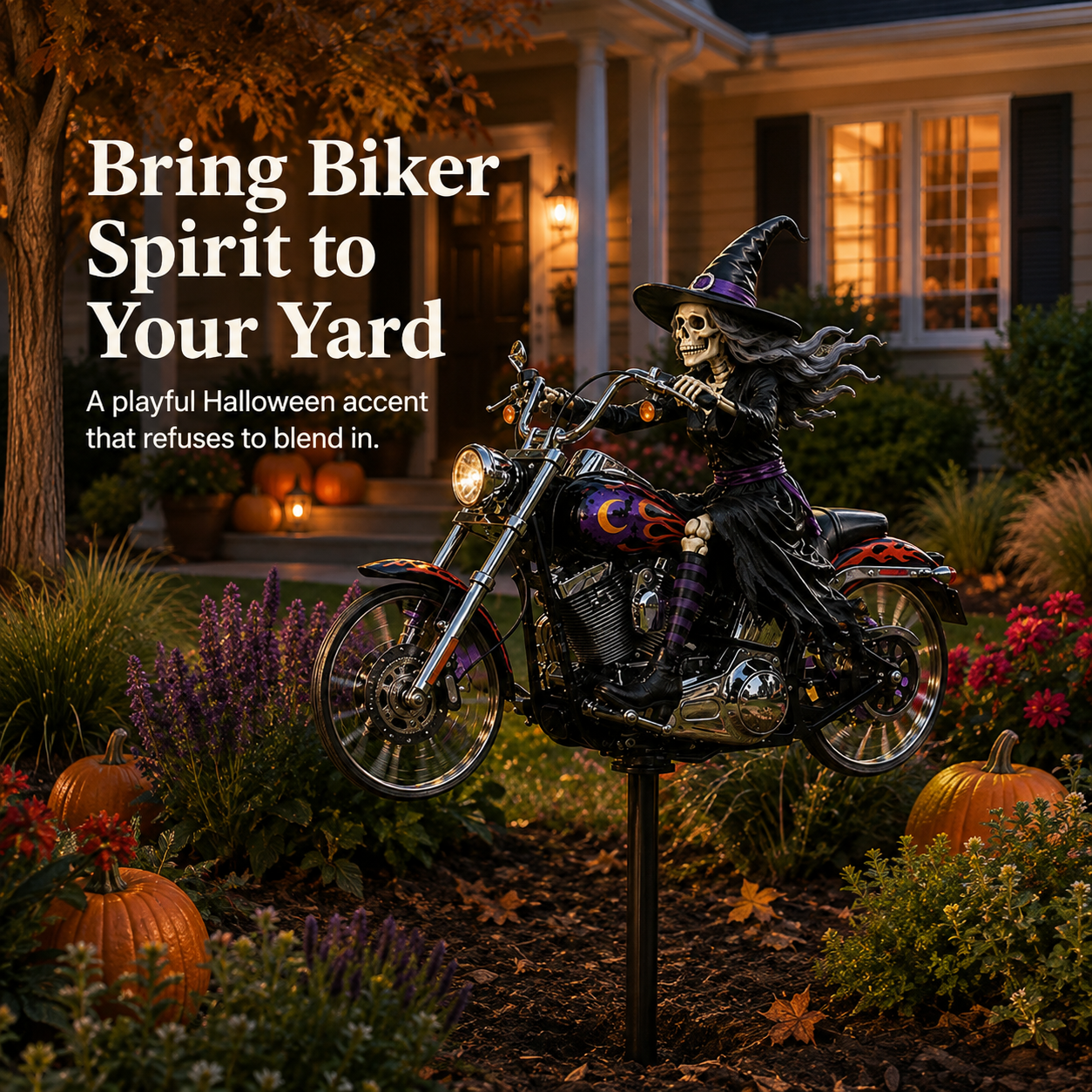 Spooky Motorcycle Garden Stake – Eye-Catching Halloween Yard Décor in 4 Character Styles
