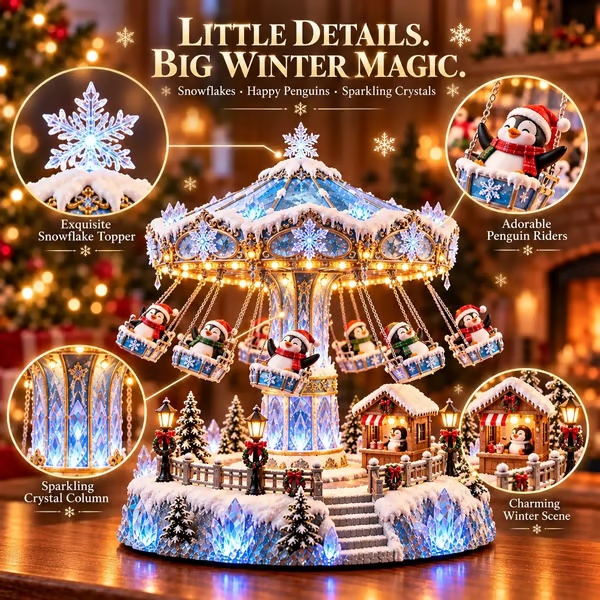 🎄 Christmas offer: 49% off! 🐧 Penguin Winter Swing Carnival – Rotating Christmas decoration with lights ❄️✨