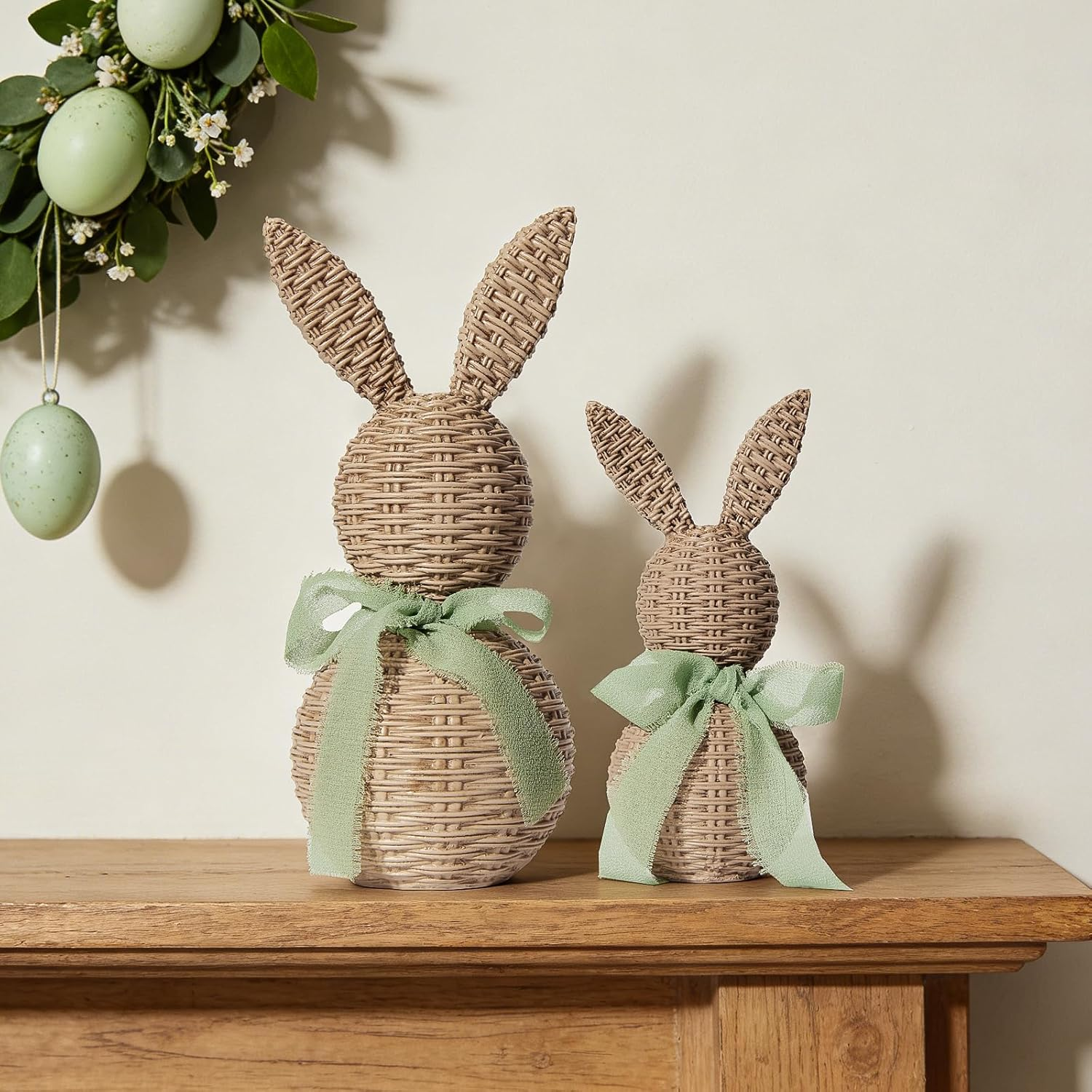 2Pcs Faux Wicker Easter Bunny Figurines