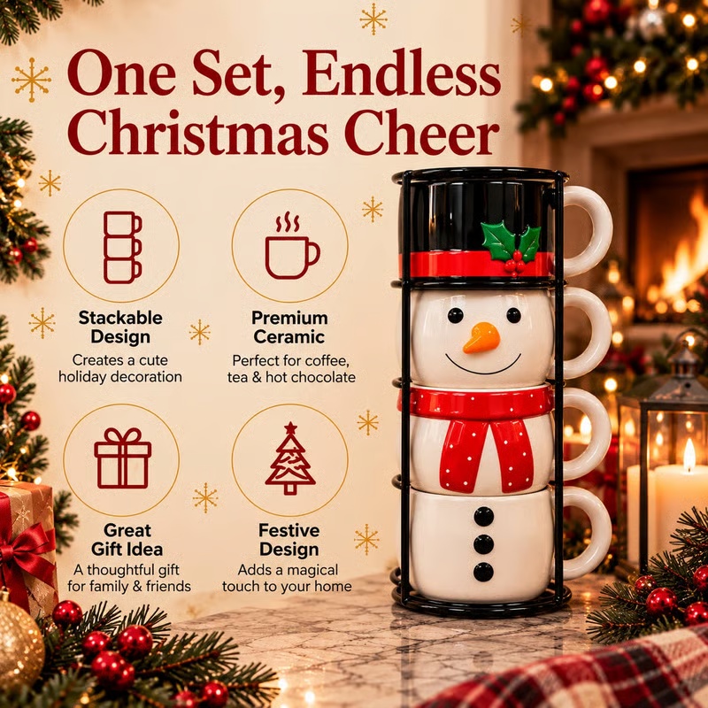 Stackable Christmas Mug Set – Festive Coffee Cups & Holiday Kitchen Decor