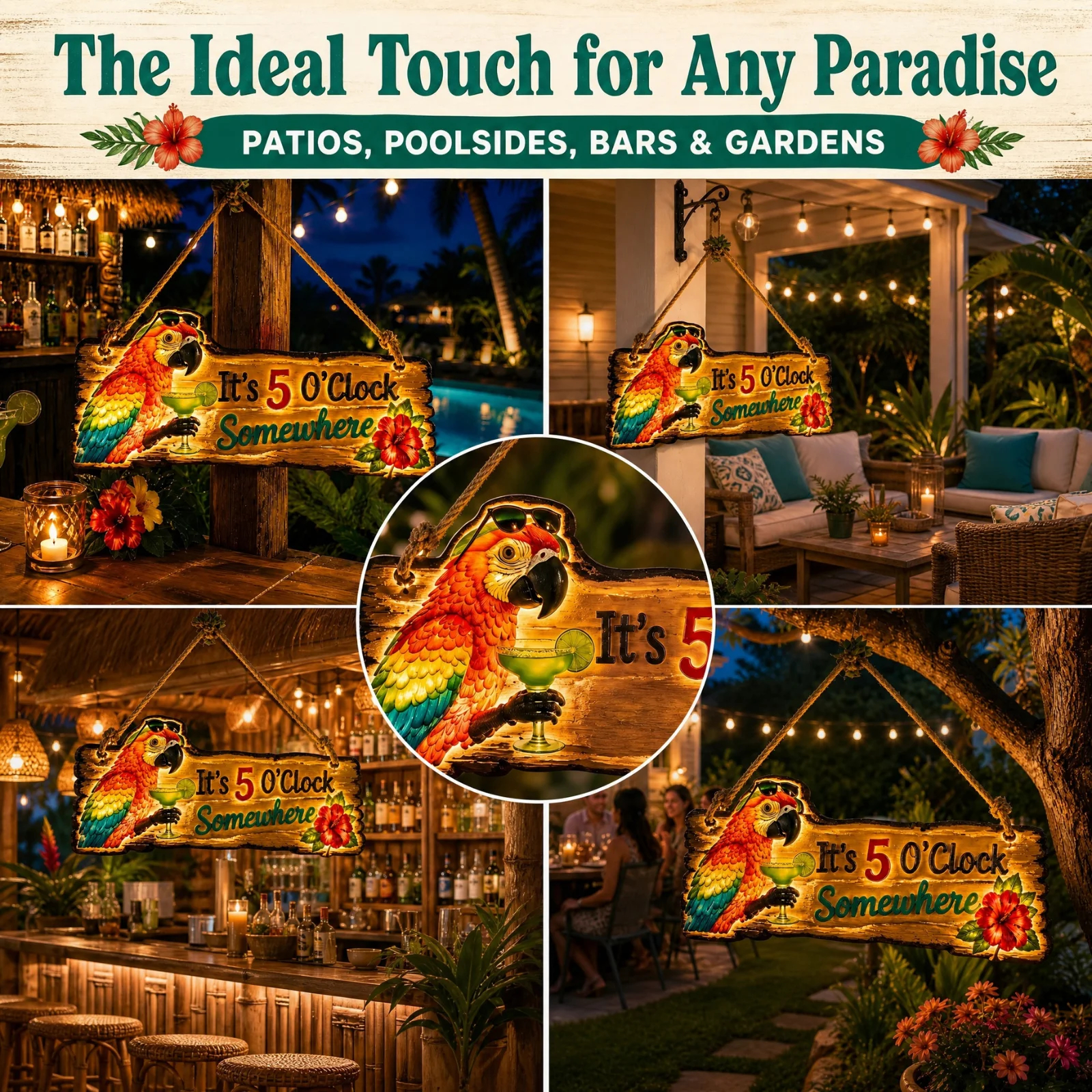 5 O’Clock Somewhere Parrot Hanging Sign – Tropical Bar Décor for Patio, Poolside & Home B