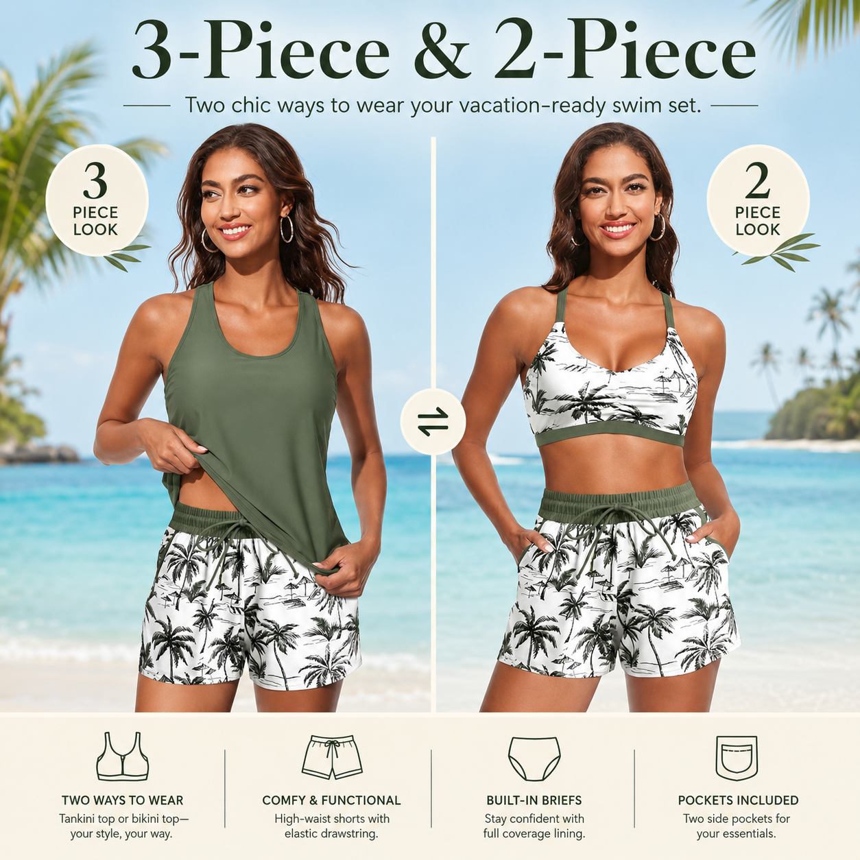 ⏰LAST DAY 55% OFF - 3 Piece Tankini with Shorts 🔥