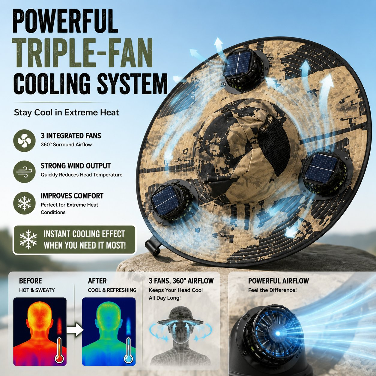 3-Fan Solar Powered Sun Hat