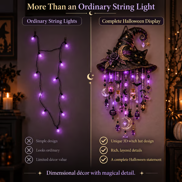 🧙‍♀️ Witch Hat & Black Cat Glow Cascade Wall Light
