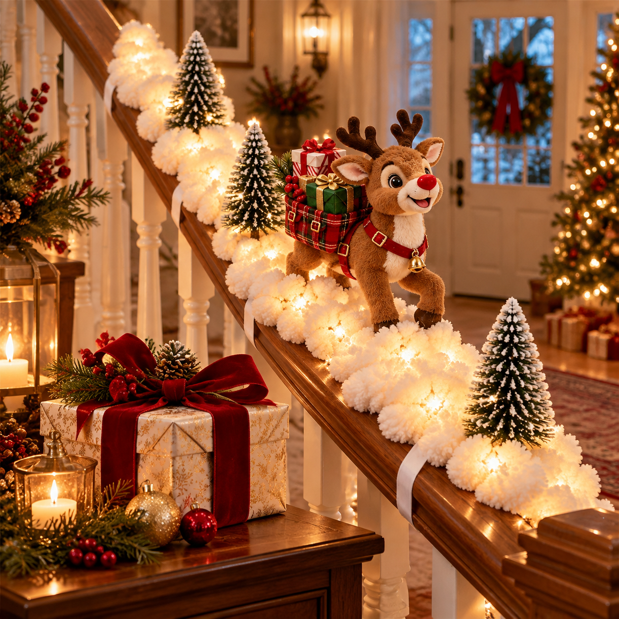 Christmas Staircase Garland with Warm Lights and Holiday Characters