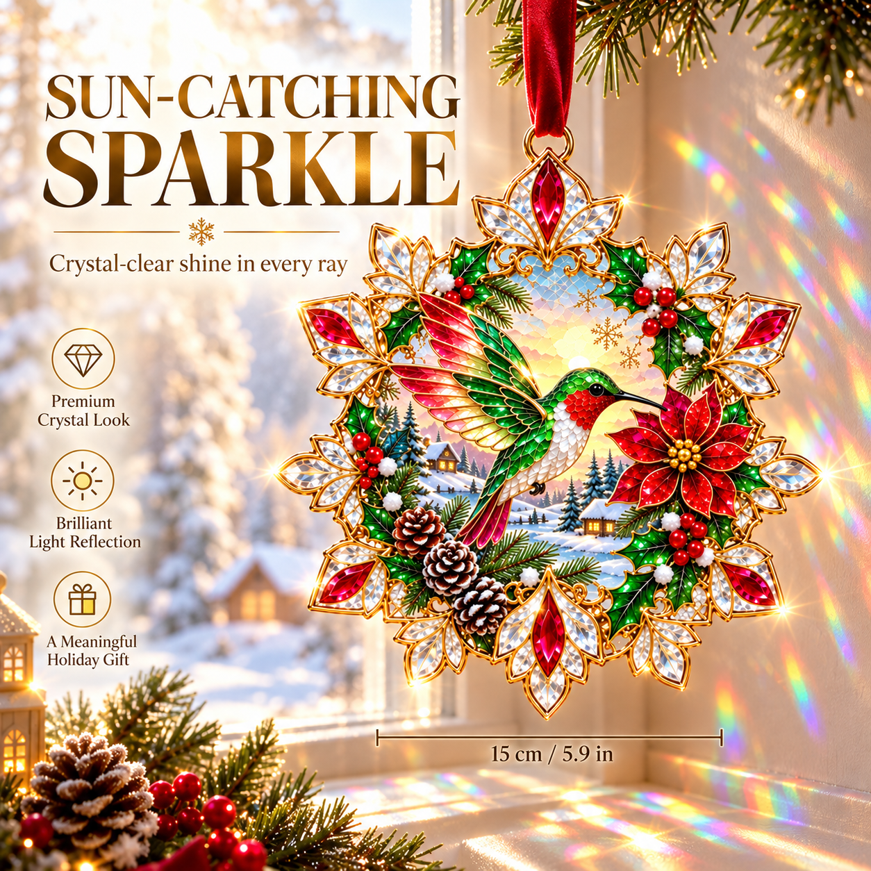 Christmas Crystal Suncatcher Ornament – Jewel-Like Holiday Window & Tree Decoration