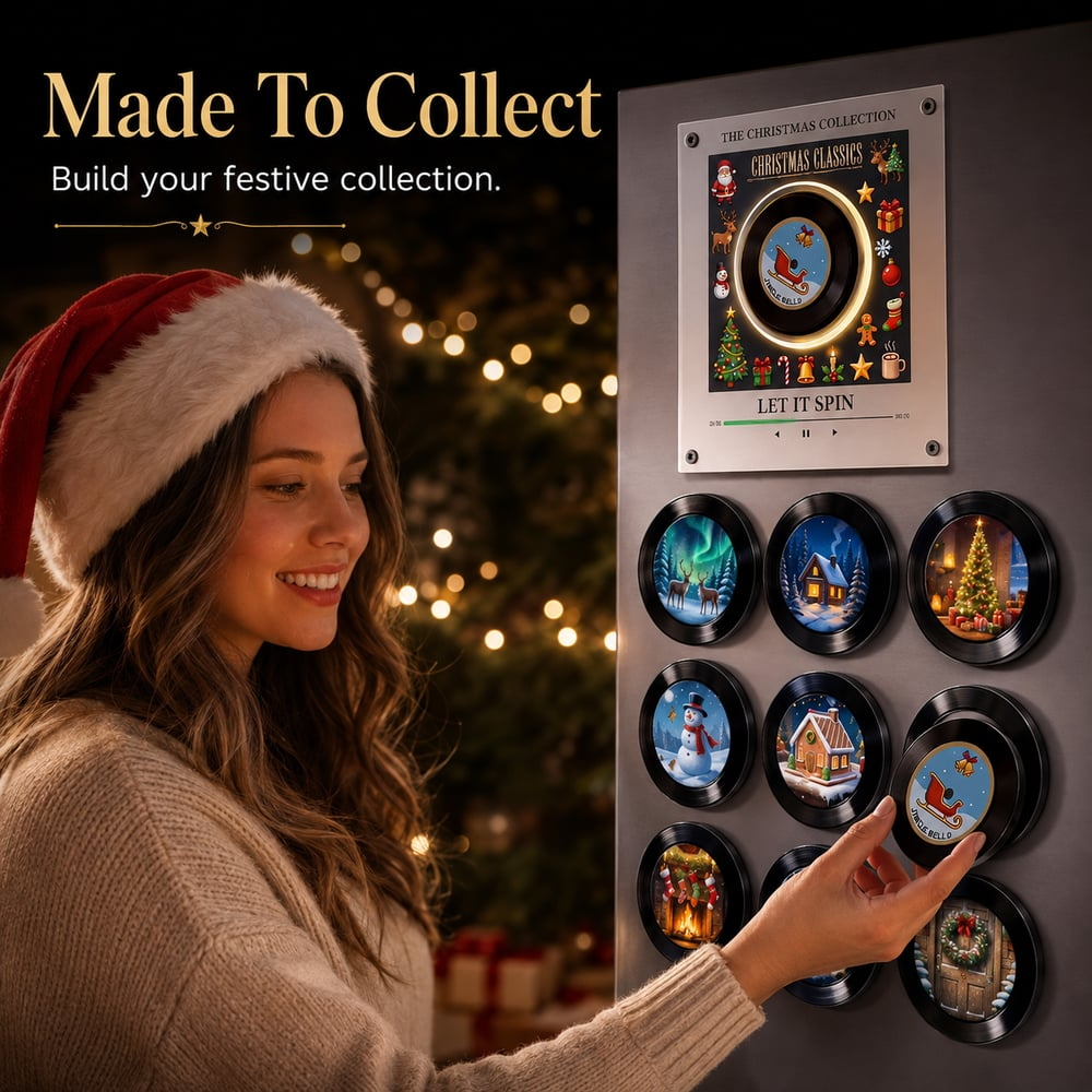 Retro NFC Vinyl Christmas Refrigerator Magnet Light-Up Spinning Decor for Holiday Home & Christmas Gift