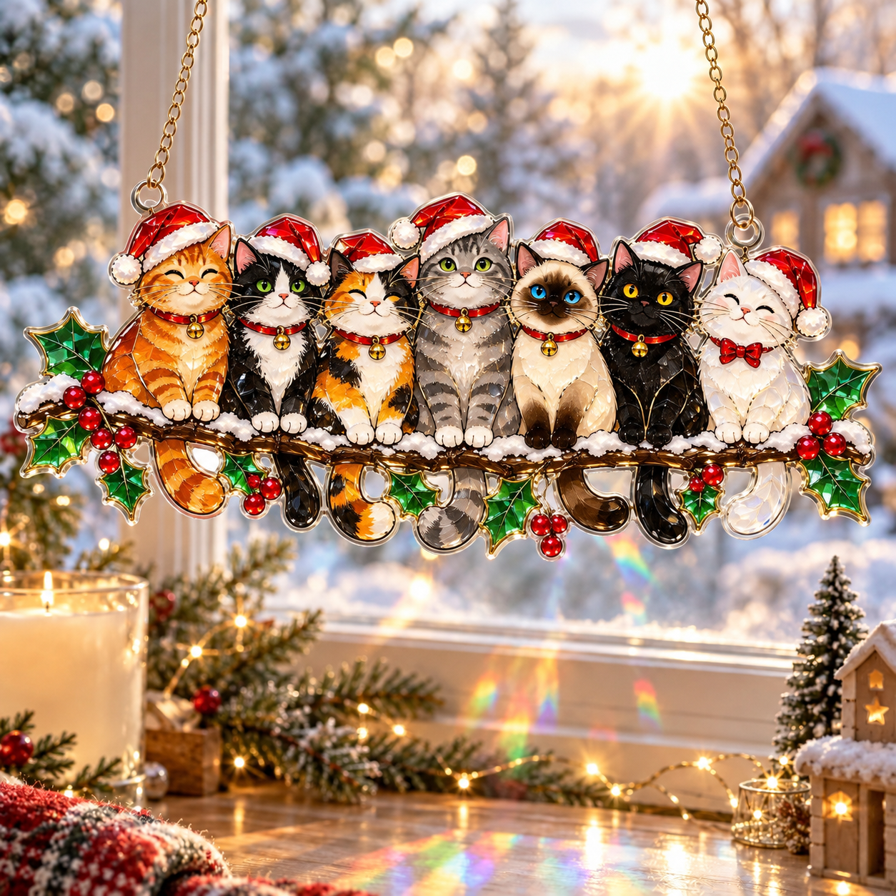 🐱 Cats Party Whimsical Winter acrylic Christmas suncatcher