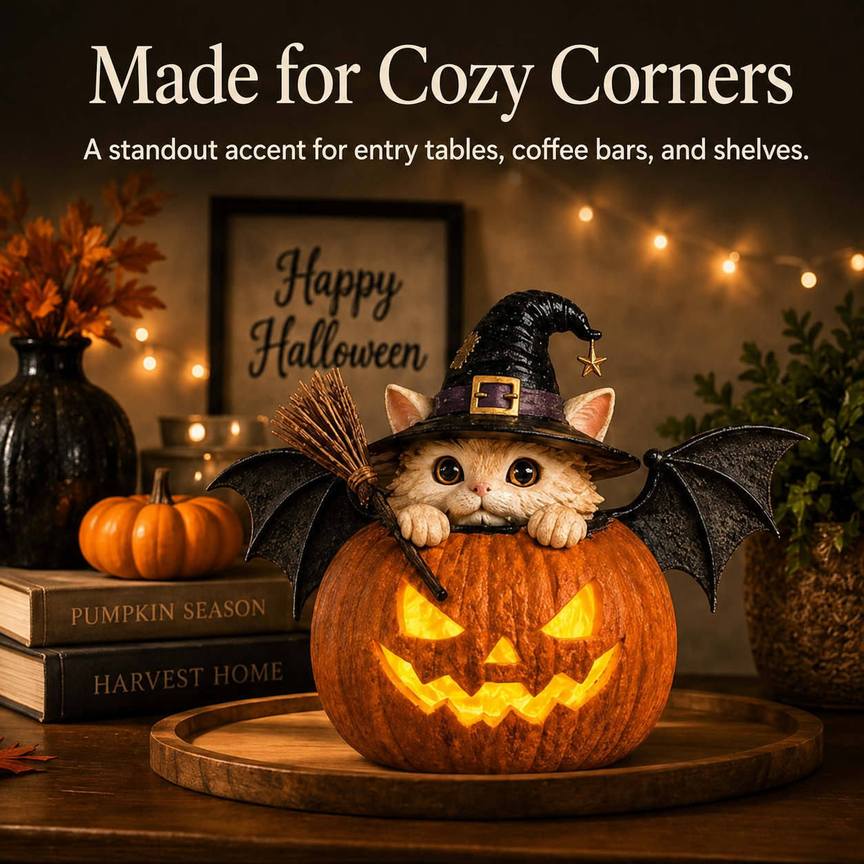 Cute Spooky Lighted Witch Cat Pumpkin Decor