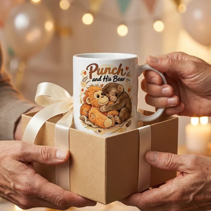 "Punch and His Bear" Cute Monkey Ceramic Mug