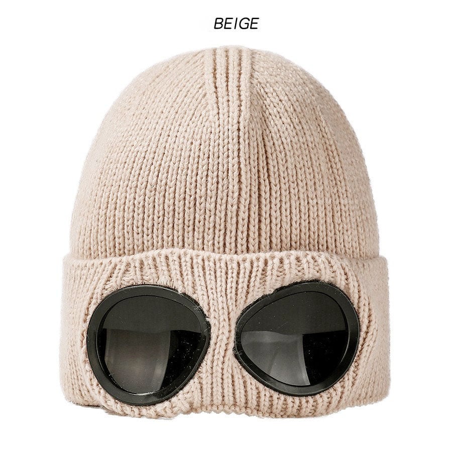 Unisex Solid Color Goggle Lens Design Beanie Hat