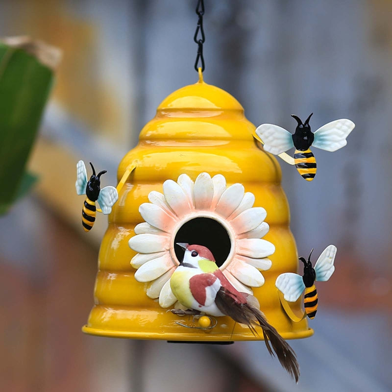 Metal Honeycomb Birdhouse With Bees And Flower