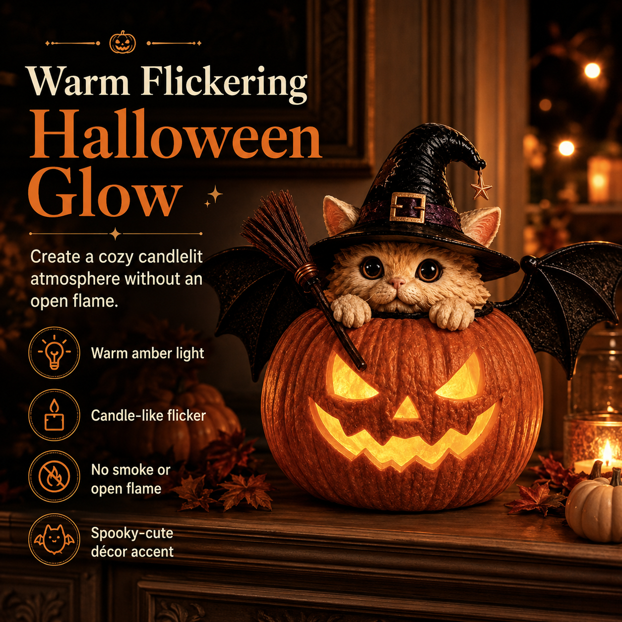 Cute Spooky Lighted Witch Cat Pumpkin Decor