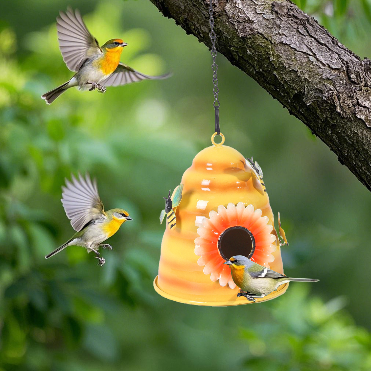 Metal Honeycomb Birdhouse With Bees And Flower