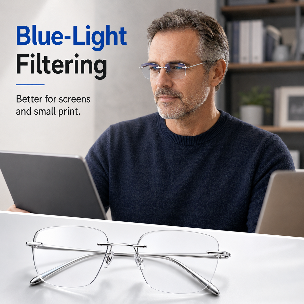 2-in-1 Photochromic Rimless Reading Glasses – UV400, Blue-Light Filtering & Low-Distortion Clarity