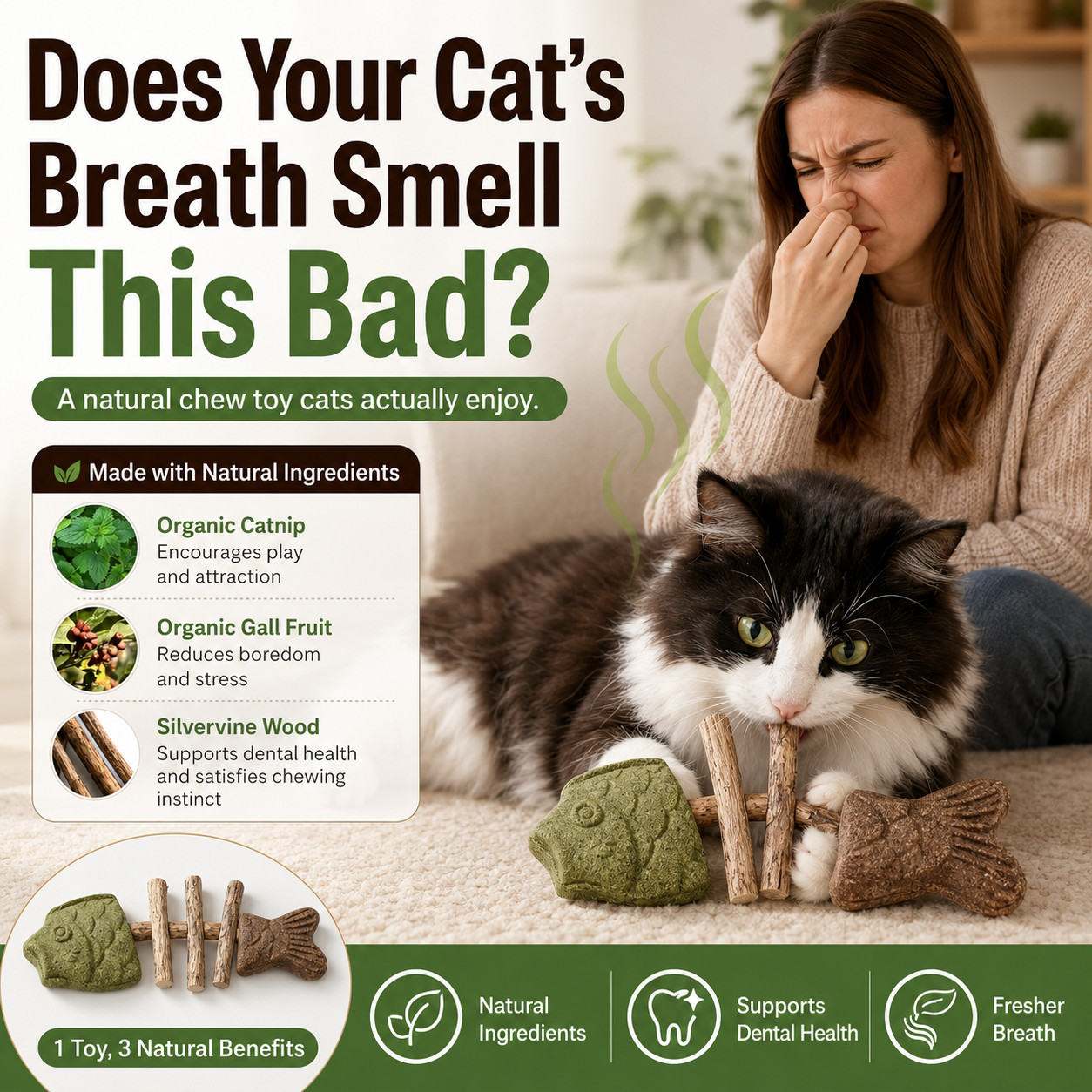 🦷🐱Natural Silvervine Dental Chew Toy for Cats-Let Your Cat Brush Their Own Teeth!