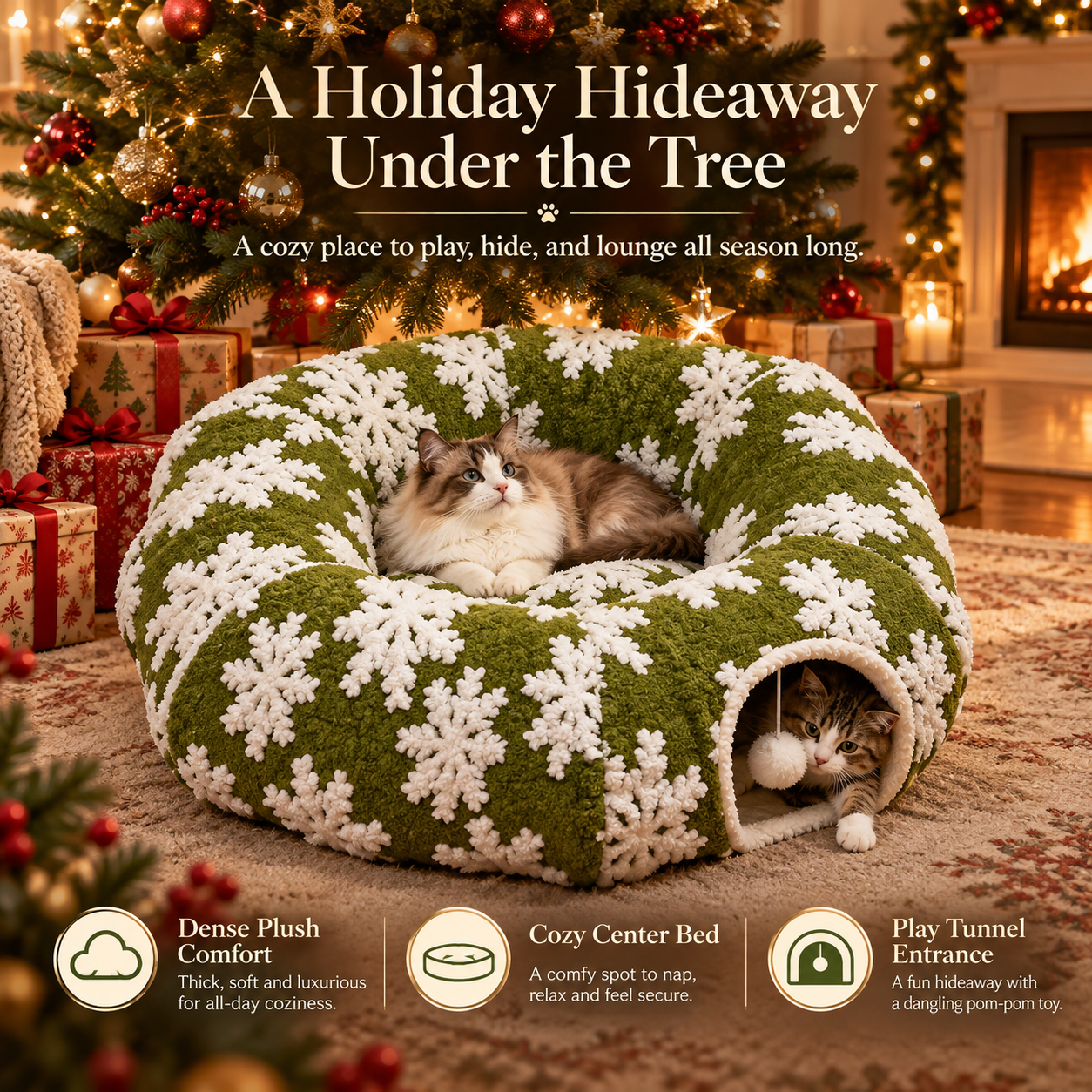Christmas Cat Tunnel Bed & Tree Skirt – Foldable Plush Hideaway with Play Ball