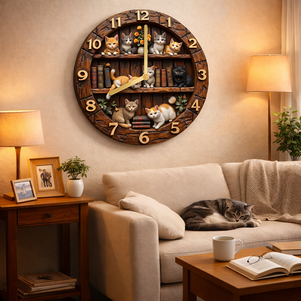 3D Cat-Themed Decorative Wall Clock 12”