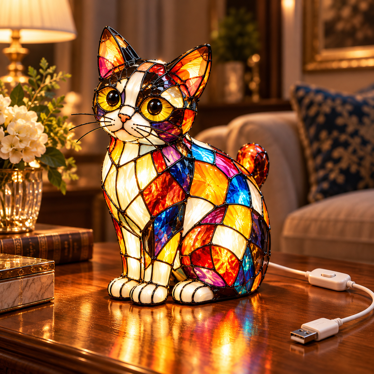 🐱 Stained Glass Cat Lamp – Tiffany-Style Decorative Light & Unique Gift for Cat Lovers