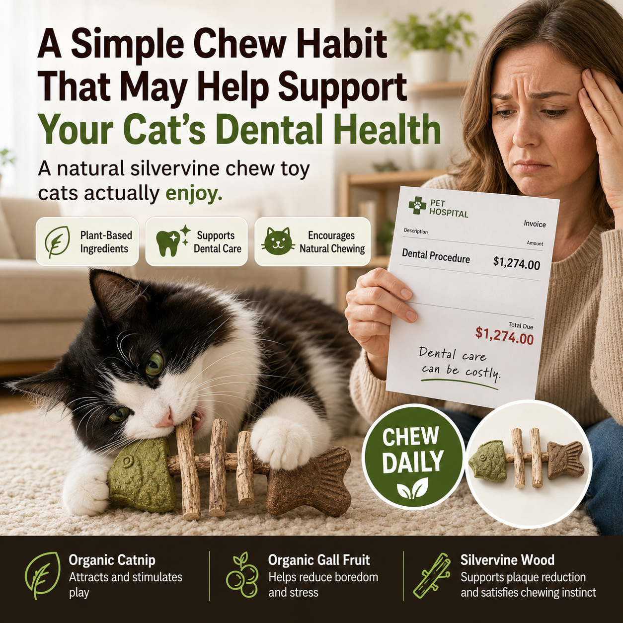 🦷🐱Natural Silvervine Dental Chew Toy for Cats-Let Your Cat Brush Their Own Teeth!