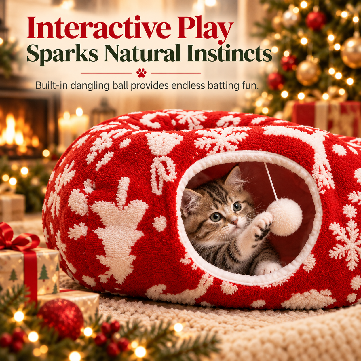 Christmas Cat Tunnel Bed & Tree Skirt – Foldable Plush Hideaway with Play Ball