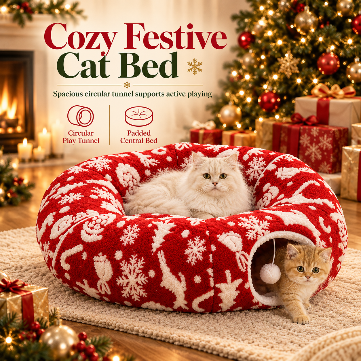Christmas Cat Tunnel Bed & Tree Skirt – Foldable Plush Hideaway with Play Ball