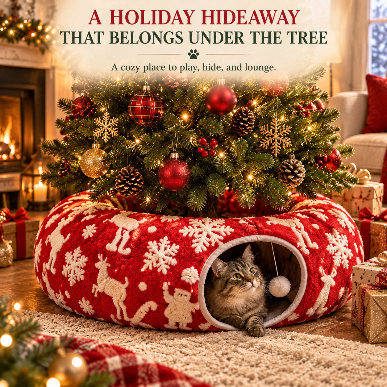 Christmas Cat Tunnel Bed & Tree Skirt – Foldable Plush Hideaway with Play Ball