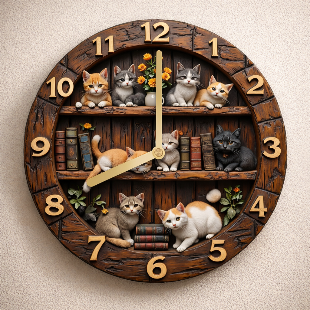 3D Cat-Themed Decorative Wall Clock 12”