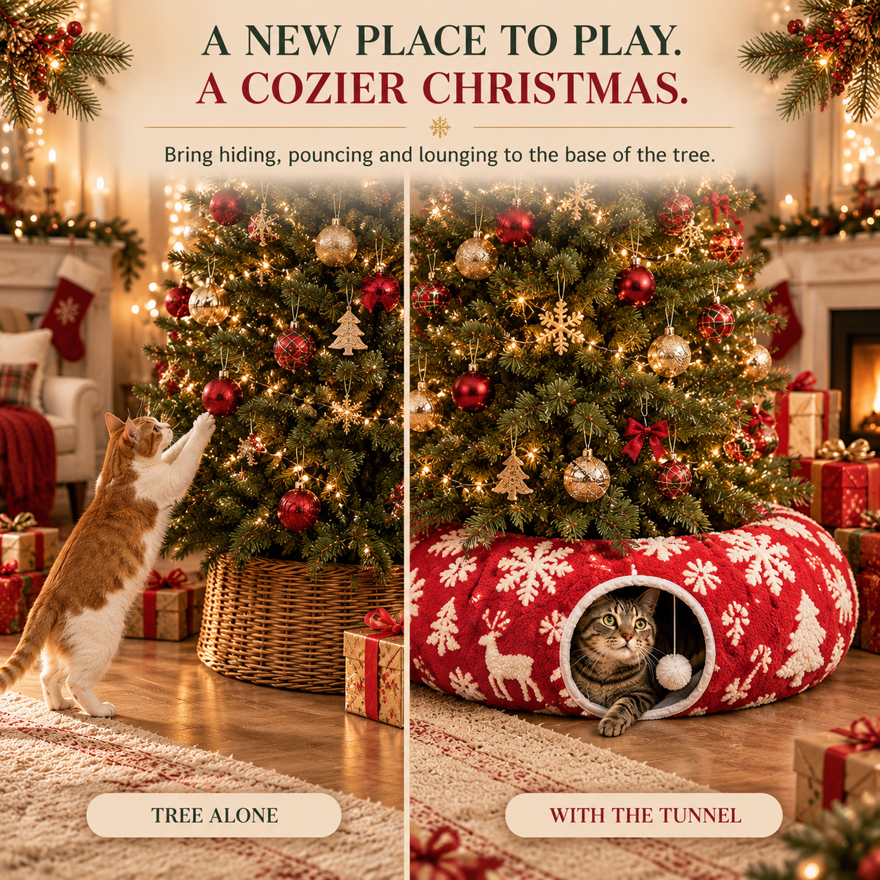 Christmas Cat Tunnel Bed & Tree Skirt – Foldable Plush Hideaway with Play Ball