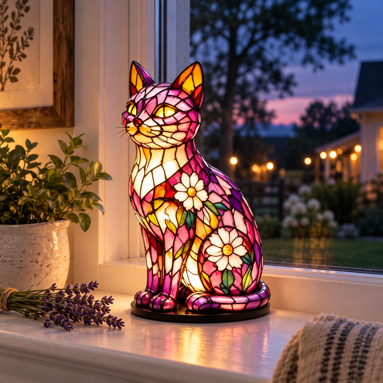 Tiffany-Style Floral Cat Accent Lamp