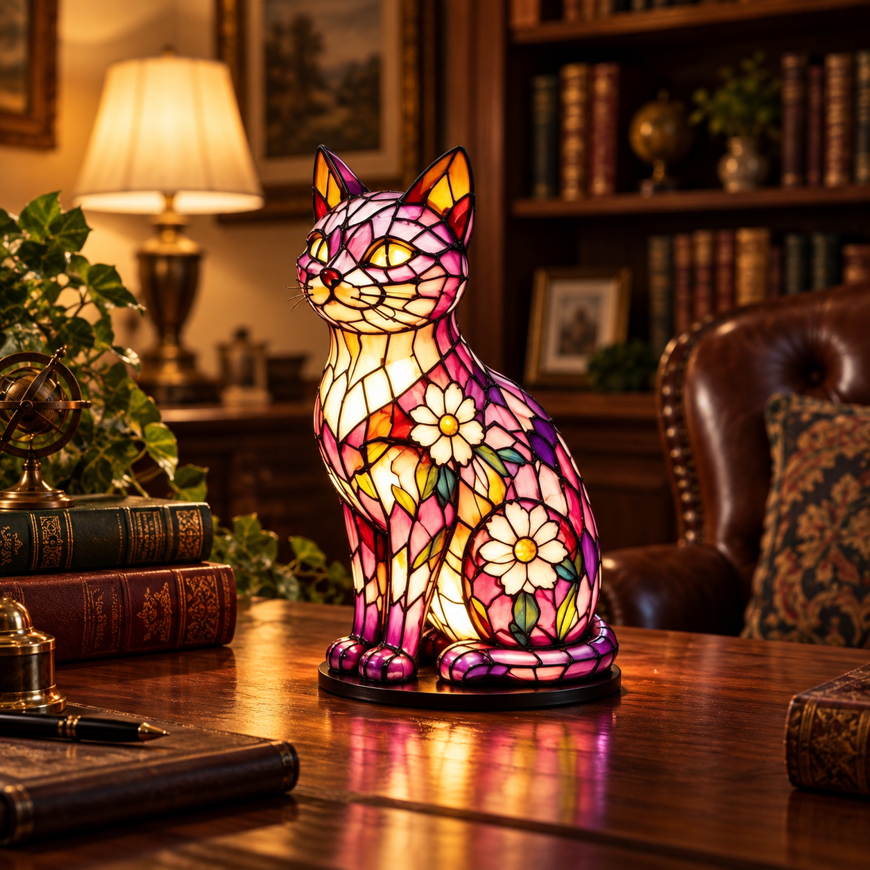 Tiffany-Style Floral Cat Accent Lamp