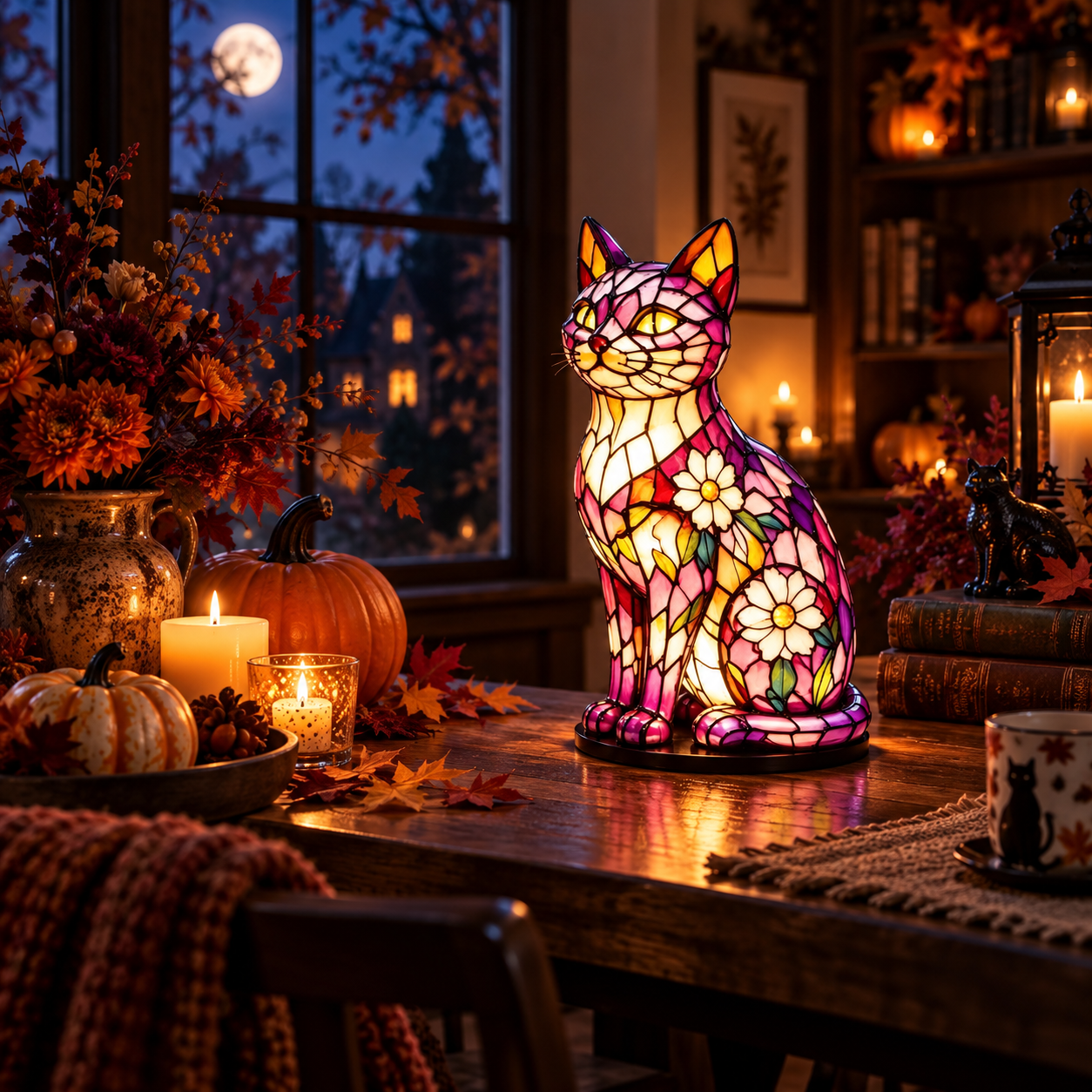 Tiffany-Style Floral Cat Accent Lamp